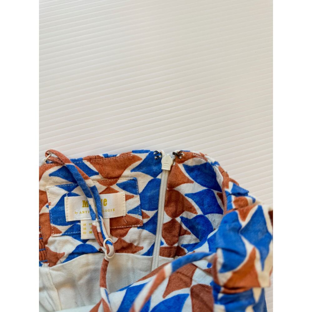 Maeve Anthropologie Ophelia Linen Blend Mini Dress 6 Blue Geometric Coastal - Picture 7 of 16
